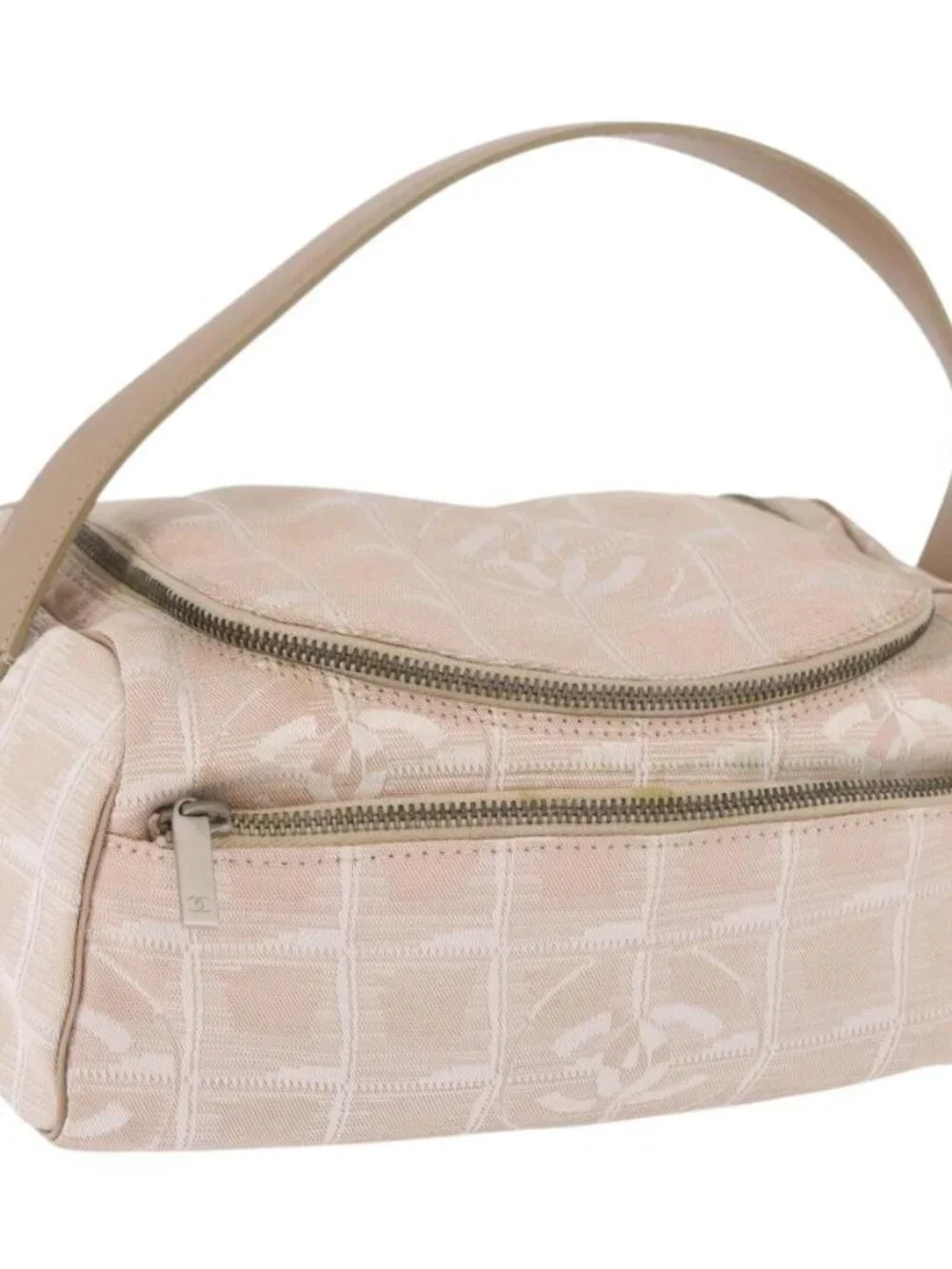 CHANEL New Travel Line Hand Bag Canvas Beige Silver CC Auth 183877